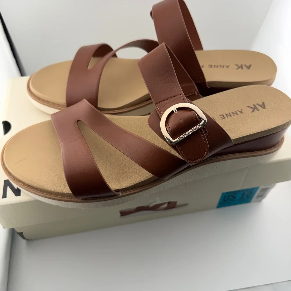 Anne Klein Lalasa Sandal Women 10 Cognac Brown Strap Wedge Buckle Comfort iFlex